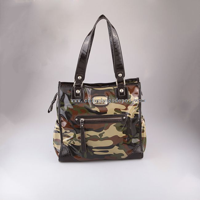 Military camouflage patent leather tote bag