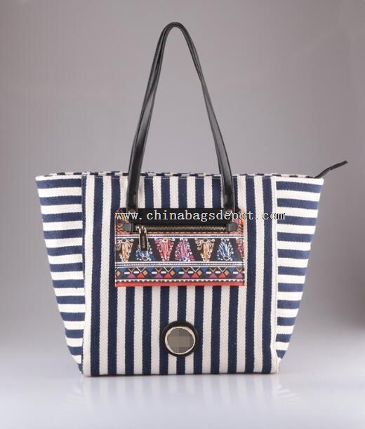 Printed pocket big capacity stripe canvas tote bag