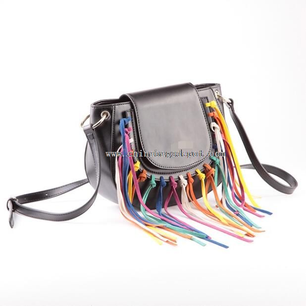 Rainbow fringe smooth PU tassel women shoulder bags