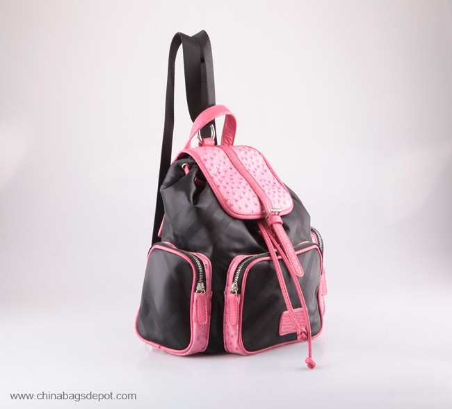 PU chique nylon mochila saco de drawstring com pele de avestruz