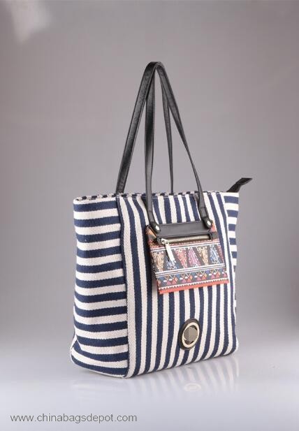 Printed pocket big capacity stripe canvas tote bag