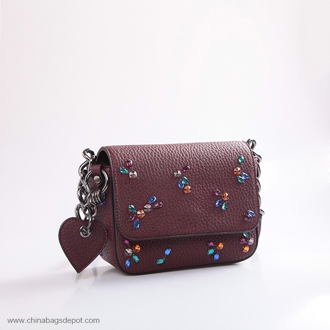 Acrylic diamond burgundy grained PU ladies shoulder bag