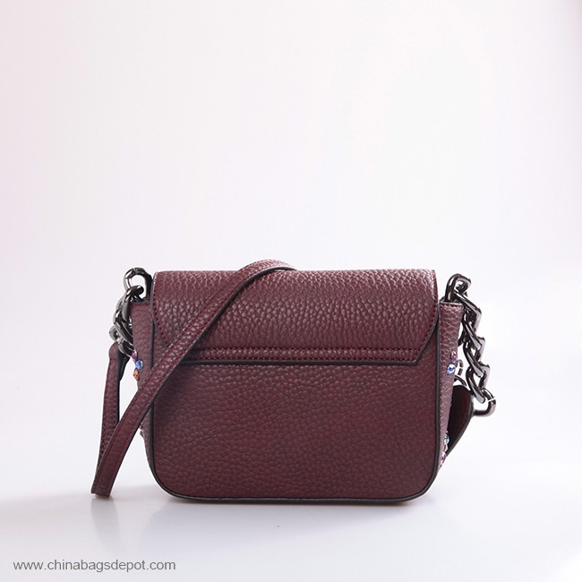 Acrylic diamond burgundy grained PU ladies shoulder bag