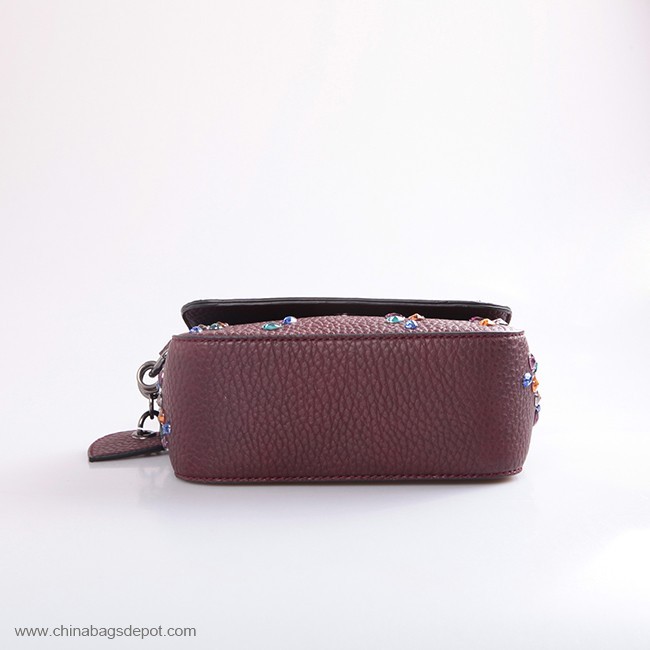 Acrylic diamond burgundy grained PU ladies shoulder bag